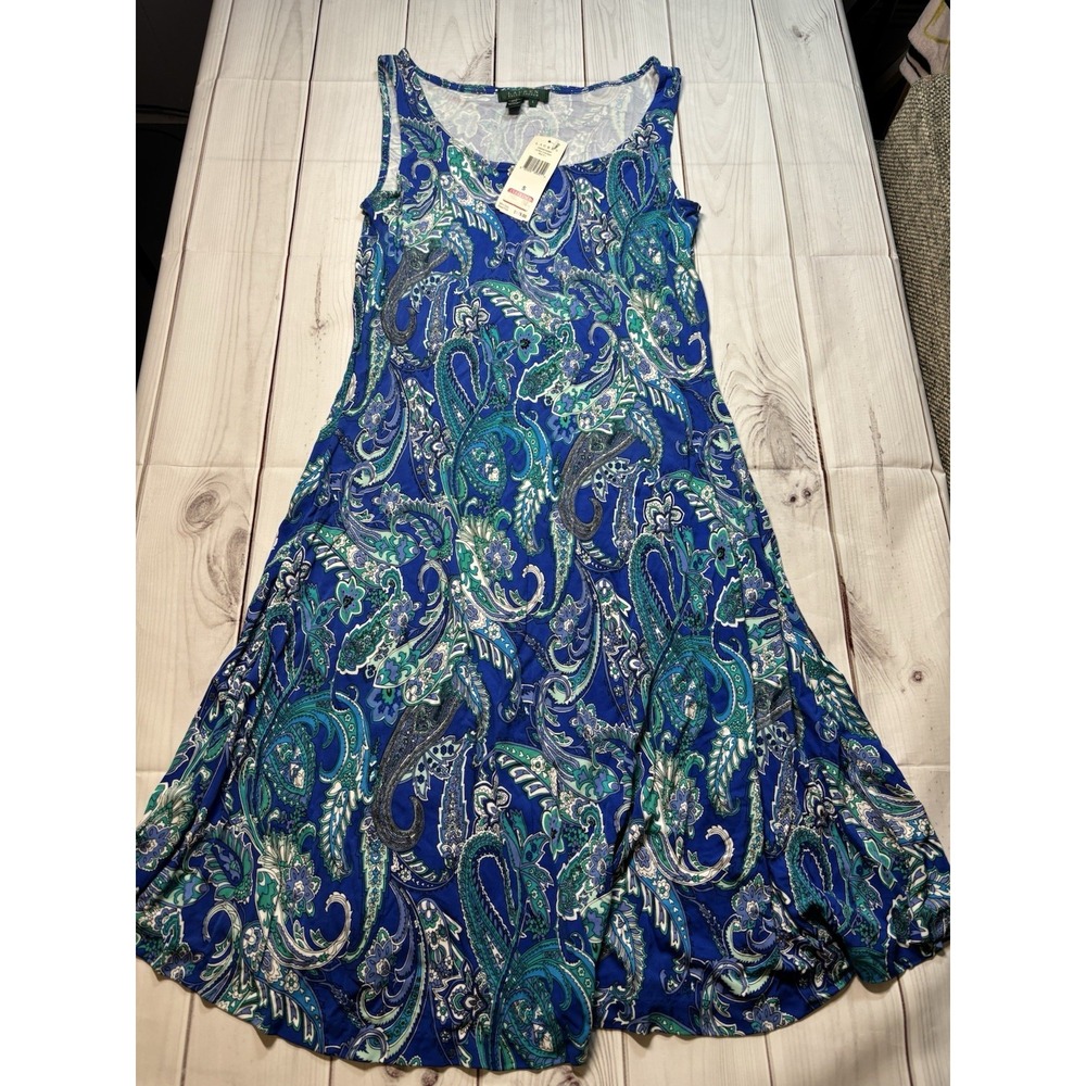 NWT Ralph Lauren Women’s Blue Sleeveless Midi Dress Paisley Print Small